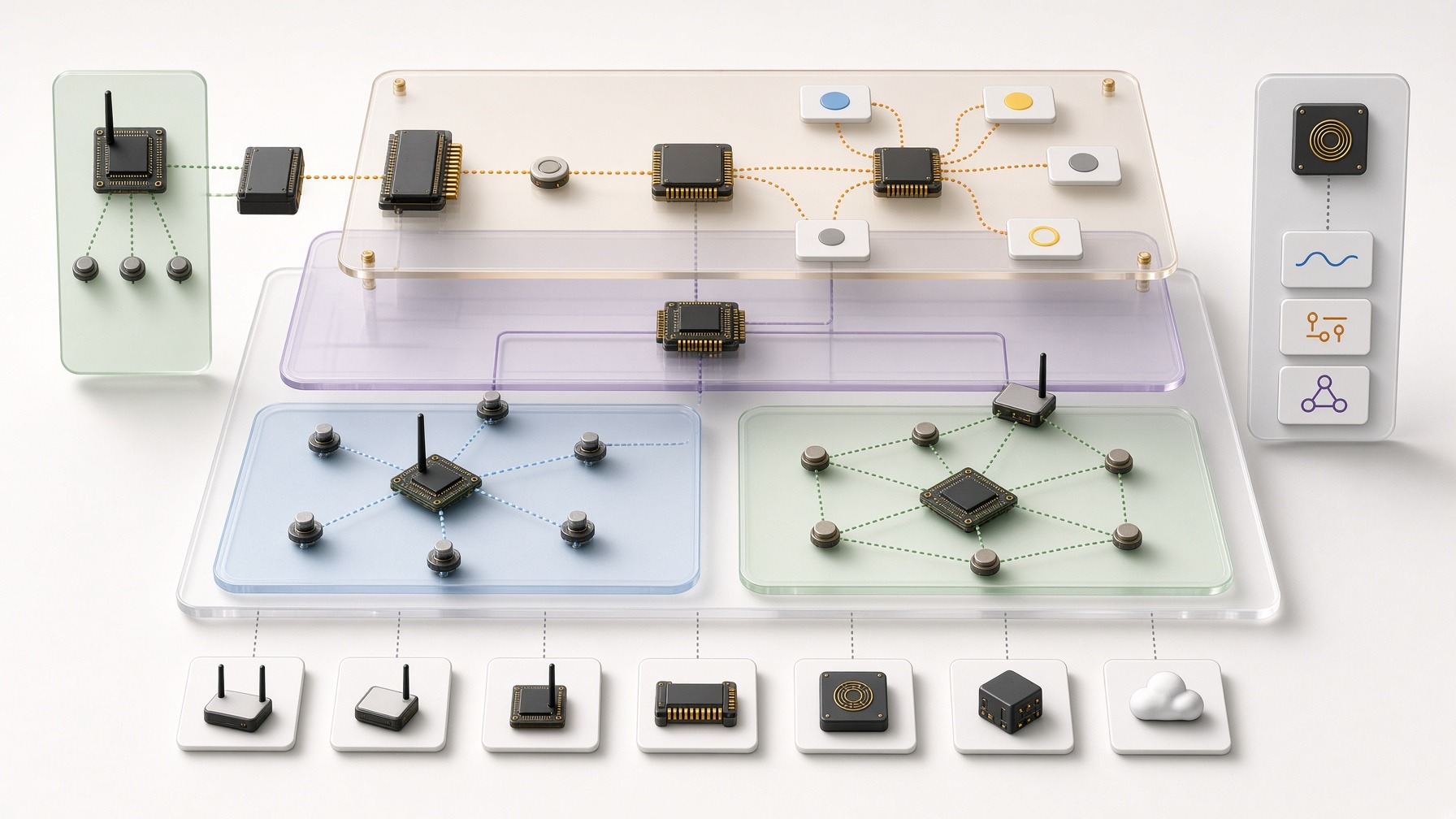 Главная редакционная иллюстрация Matter, Zigbee, Thread, Wi-Fi и MQTT на разных слоях end-to-end архитектуры умного дома без ложного рейтинга взаимозаменяемых протоколов.